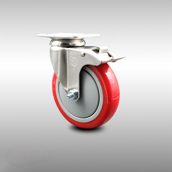 5 Inch 316SS Red Polyurethane Swivel Top Plate Caster with Total Lock Brake